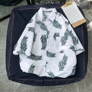 Korean Style Summer Sea Breeze Casual Short-sleeved Shirt Hong Kong Style plus size Men's Beach Casual Couple's Short-sleeved Printed Men's Shirt