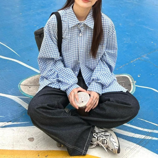 [Cotton in stock] American retro blue spring and autumn loose shirt POLO shirt plaid thin coat sunscreen coat