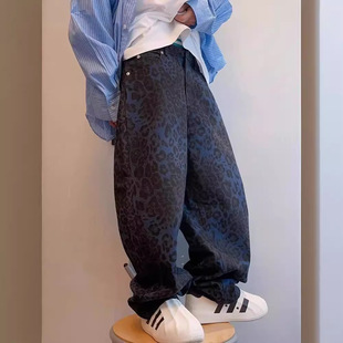American Style High Street Fashionable Brand Leather Embroidered Washed Jeans Men's Winter Fashionable Loose Wide Leg Casual Pants Straight Leg Pants