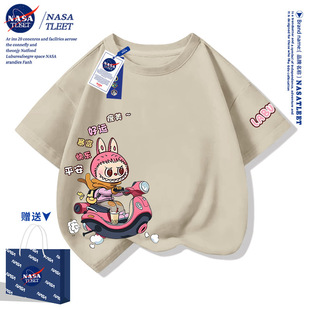 Совместная новая мультяшная футболка NASA Labubu из хлопка с круглым вырезом