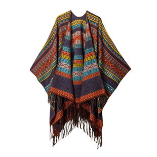 in stock Xinjiang Tourism Wear Ethnic Style Warm Grassland Color Matching Knitted Shawl Photo Tassel Cape Scarf