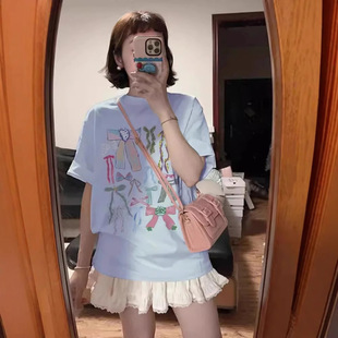 American Style Short-sleeved T-shirt Lazy Style Bow Print Summer All-match Loose Student Fashion Brand Half-sleeved Top