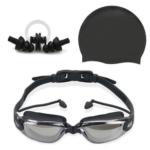 Cross-border Explosions HD Waterproof Anti-fog Swimming Glasses for Men and Women with Earplugs for Adults Electroplated Goggles Swimming Cap suit