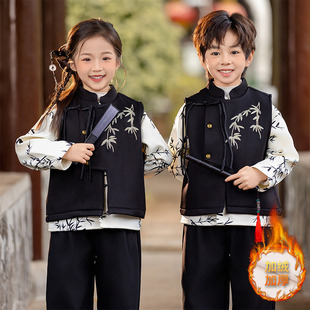 Children's Performance Clothing Winter Hanfu Chinese Style fleece-lined Maple Leaf Three-piece Set Big Children's Performance Clothing for Boys and Girls