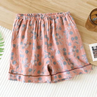 Vintage Yarn-dyed Printed Pajama Pants Women's Summer Pure Cotton Gauze Thin Loose Pocket Shorts Home Pants Beach Pants