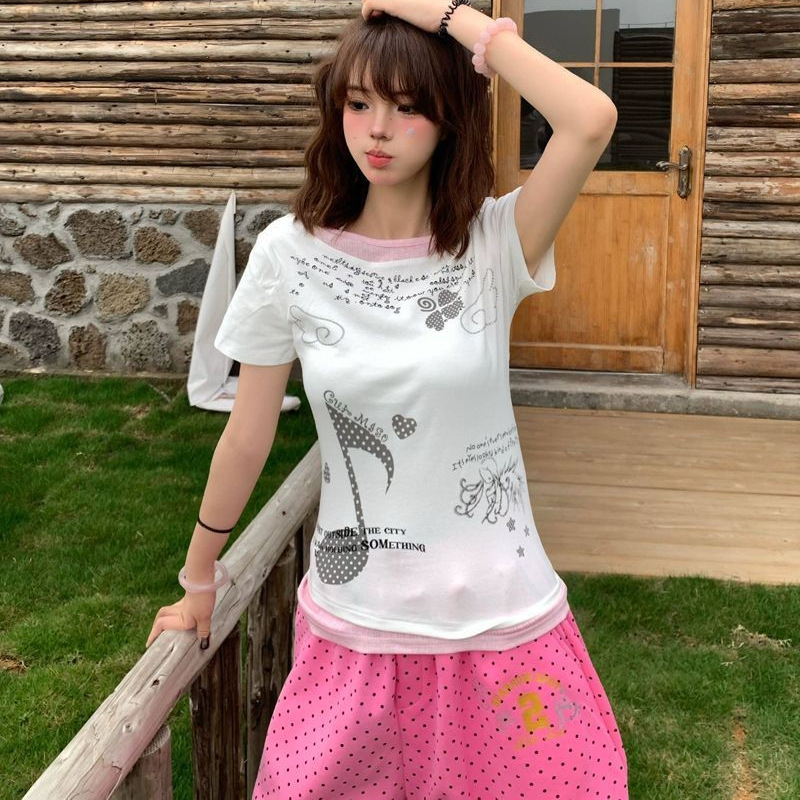Japanese-Style Sweet and Spicy Y2K Striped Cartoon Short-Sleeve T-Shirt for Women, Summer Light Asian Style Slim Fit Fake Two-Piece Color-Blocking Top