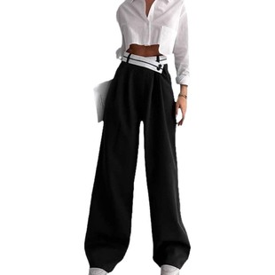 2025 Europe and the United States cross-border foreign trade spring and summer new women's high waist elegant color contrast cross waist head wide leg trousers