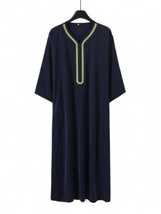AliExpress Men's Muslim Robe New Arrival Arabian Robe Side Pocket Short Sleeve Embroidered navy blue