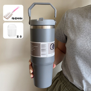 Car portable anti-fall car water cup cold ice cup thermos cup large capacity stainless steel suction pipe cup coffee cup