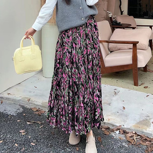 2025 Retro High Waist Slimming Elegant All-match Skirt Printed Five-section Pleated A- line Large Swing Skirt Women's Autumn and Winter
