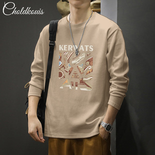 New Heavy Cotton Long-sleeved T-shirt Men's Loose Round Neck American Casual High Street Casual Base Shirt for Spring and Autumn