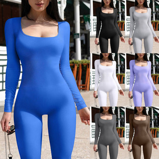 Amazon European and American Foreign trade Women's jumpsuit Spring and Autumn New thread square collar hip lifting slim sexy jumpsuit
