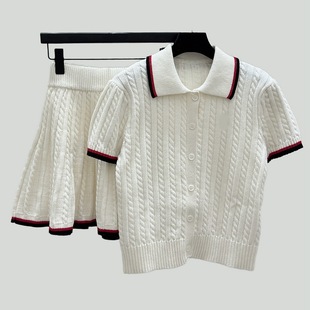 New on the market ~ age-reducing sweet and spicy style contrast color stitching POLO collar suit knitted short sleeve top skirt women's