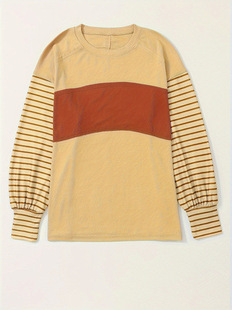 New European and American Cross-border Women's Spring and Autumn Pullover Stitching Round Neck Loose Casual Stripe Contrast Color Long Sleeve Sweater for Women