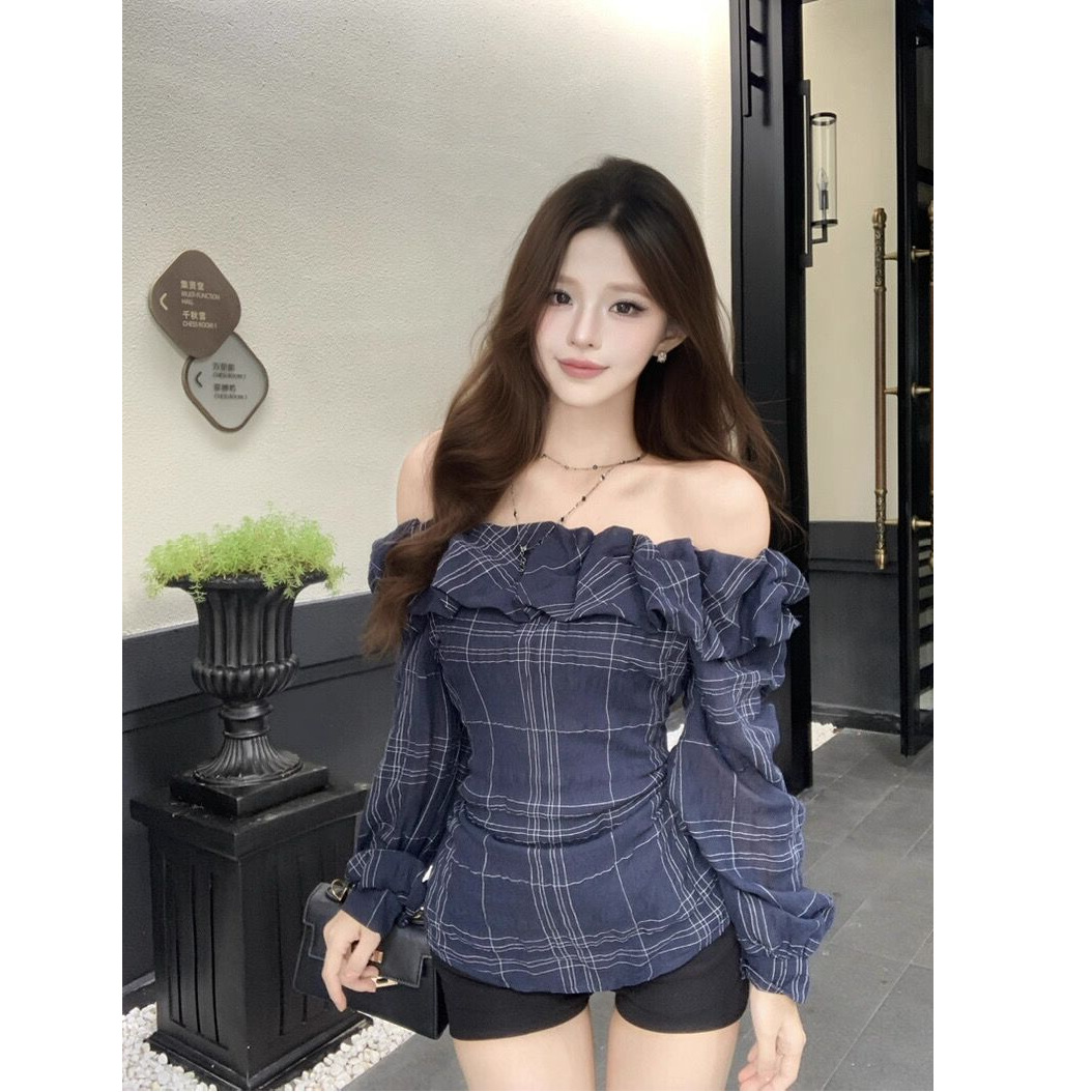 Mr [Original Fabric] One-Shoulder Retro Plaid Long-Sleeved Shirt for Women in Autumn Slim Waist Shirt with Design Sense