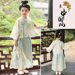 2025 Summer Girls' Hanfu Chinese Style New Chinese Style Ancient Suit Western Style Girls' Thin Butterfly and Flower Horse-faced Skirt suit