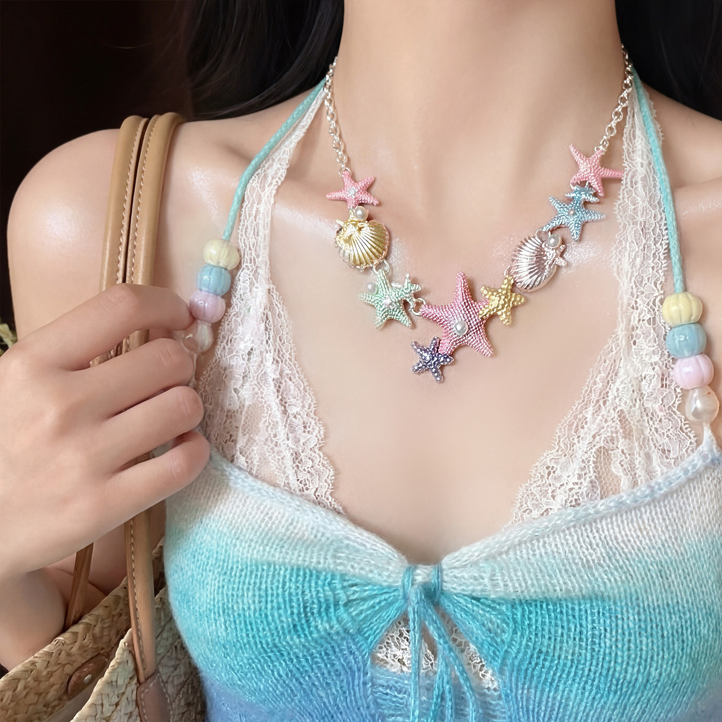 Dopamine Starfish Shell Necklace for Women, Summer Seaside Vacation Niche Design Accessory, Atmospheric Clavicle Chain