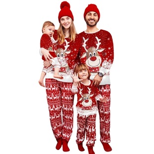2022 Europe and the United States Amazon cross-border new fawn letter plaid printed home clothes pajamas Christmas parent-child suit
