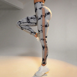 European and American High Elastic Tie-Dye Mesh Yoga Pants Side Hollow Seamless Sports Tight Pants Outer Hip Lifting Fitness Pants