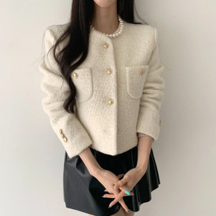 2024 Autumn and Winter Korean Style Elegant Chanel Style Metal Breasted Round Neck Slim-fit Long-sleeved Short Woolen Coat for Women