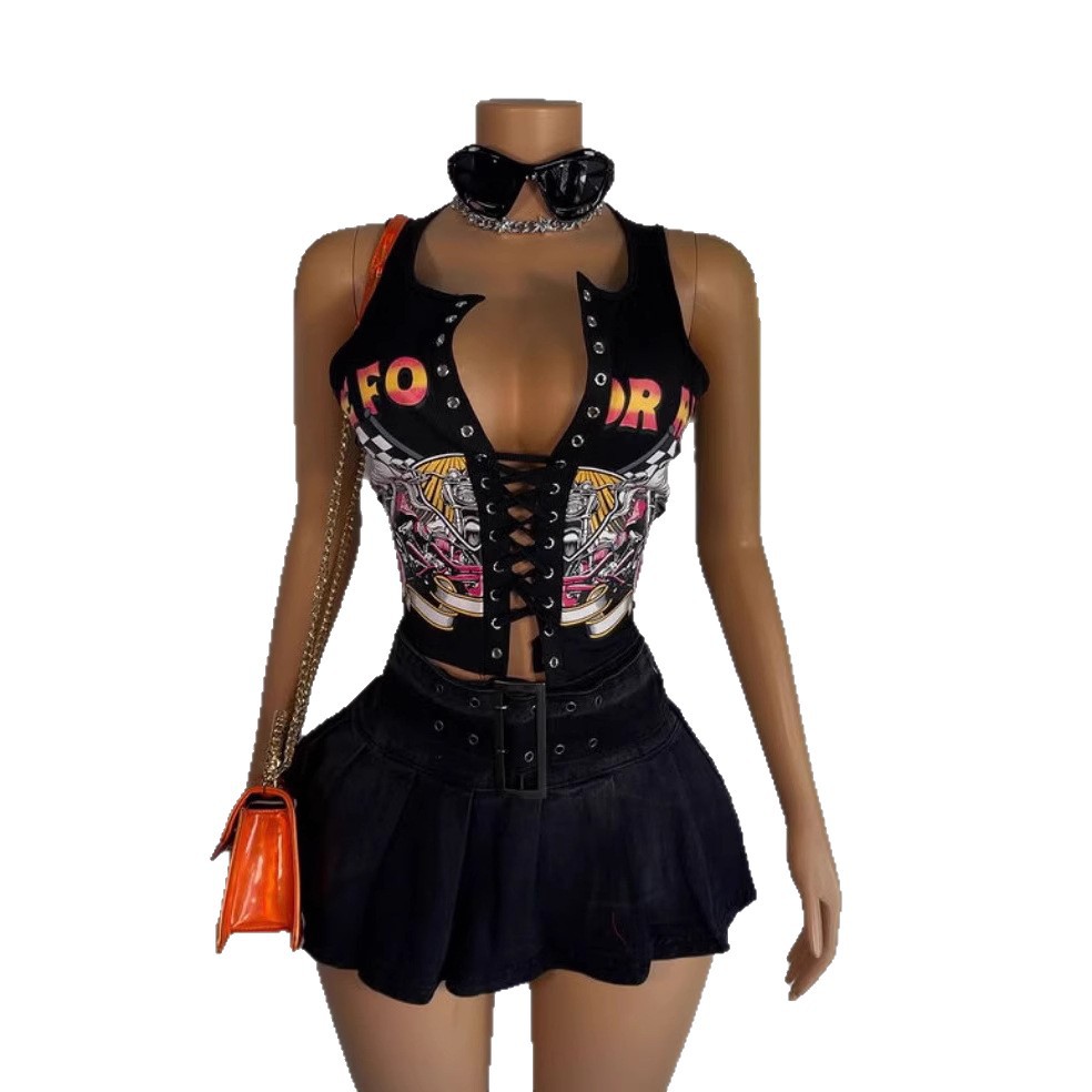 Fc1386 European and American New Sexy Sexy Slim Fashion Printed Rope T-Shirt Vest