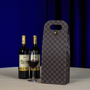 Leather Box classic wine bag gift box single and double pack snap button protection portable wine bag fashion chessboard Plaid wine bag
