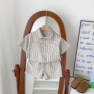 Children's Korean-style Retro Striped Short-sleeved Shirt Shorts suit Baby Boys and Girls Summer Thin Casual Trendy Clothes