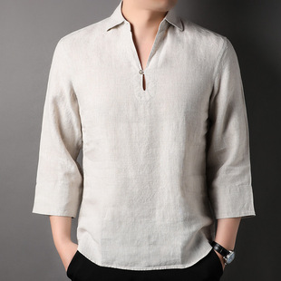 2024 Summer New Linen Stand Collar T-Shirt Men's Thin Breathable Three-Quarter Sleeve Cardigan Men's Wholesale