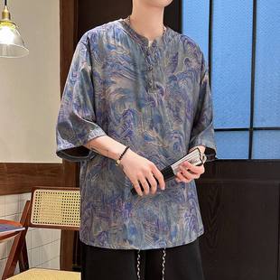 2025 summer men's new Chinese ink landscape fragrant cloud yarn light T-shirt men's Chinese style ancient Tang suit loose