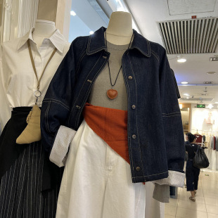 Japanese Style Washed Lapel Denim Short Coat Early Autumn New Loose A- line Cloak Profile Long-sleeved Casual Top for Women