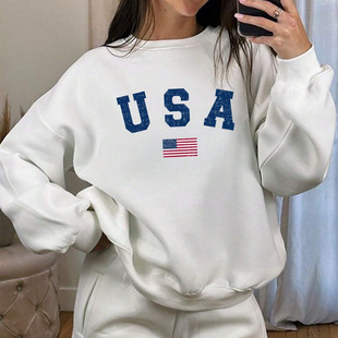 2024 Осень и зима Amazon AliExpress разорвал сплошной цветной круглый воротник USA с принтом буквенной головкой с длинными рукавами свободный свитера