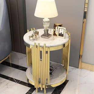 Light Luxury Small Coffee Table Household Living Room Corner Table Modern Nordic Stainless Steel Simple Tempered Glass Small Round Table Small Rock Board