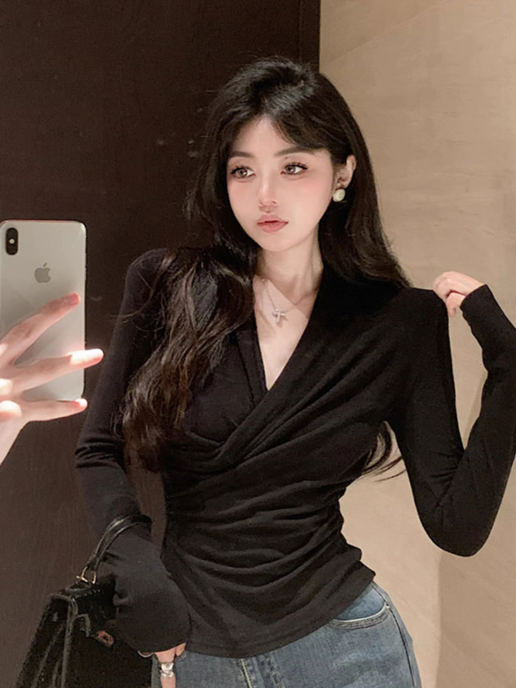 블랙베이스 셔츠 여성용 가을 하이 엔드 센스 인테리어 슬림 핏 긴팔 티셔츠 프렌치 스타일 크로스 오버 V 넥 탑
