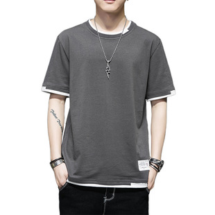 Short-sleeved T-shirt men's trendy fashion brand clothes summer men's five-sleeve summer student T-shirt fake two-piece solid color half-sleeve