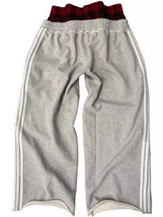 American Casual Sports Pants Side Triple Bar Stitching Plaid Comfortable Loose Wide Leg Straight Pants Street Trendy Grey