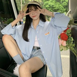 Fresh and Sweet Blue Plaid Long-Sleeved Shirt Summer Thin Flesh-Covering Slimming Casual Outer-Wearing Sunscreen Shirt for Women