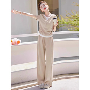 Original Workmanship Leisure Sports suit Women's Summer Internet Popular Age-reducing Waist Slimming Short-sleeved Wide-leg Pants Two-piece Set