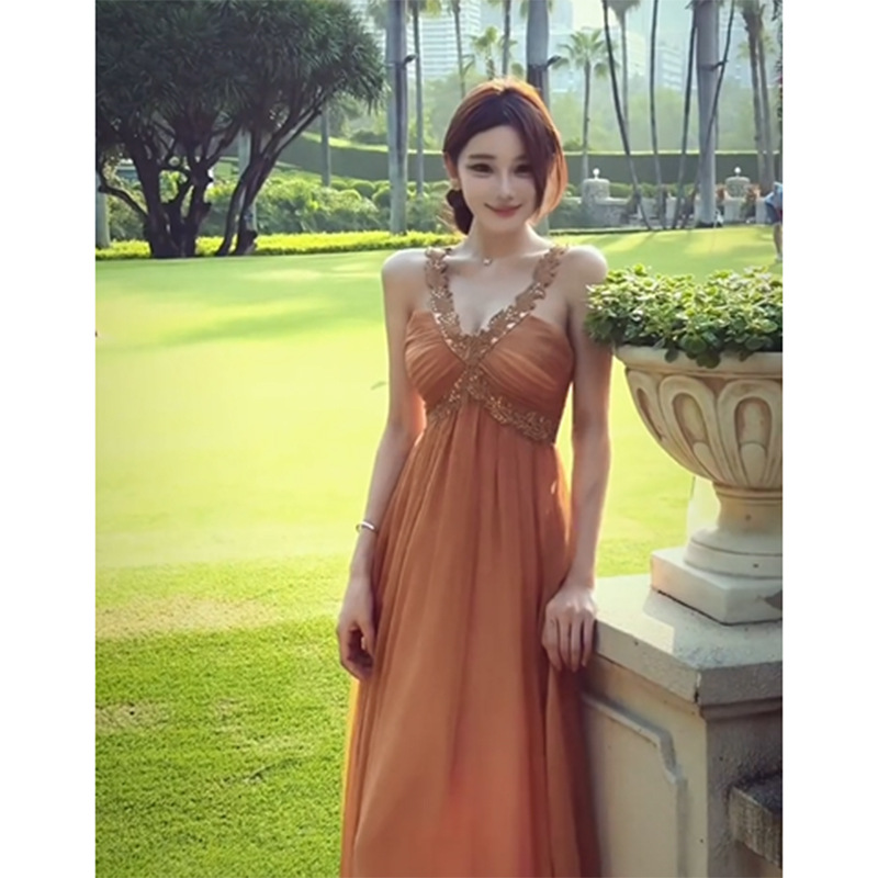 WBX4665 Niche French V-neck Open Shoulder Sling dress Women's Romantic Vacation Tight Waist Pleated Large Swing Yarn Skirt