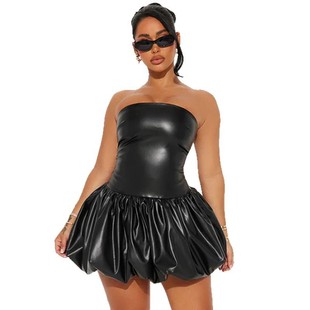 European and American style 2025 new style one-word collar tube top dress design sense PU black stitching high waist skirt flower bud skirt