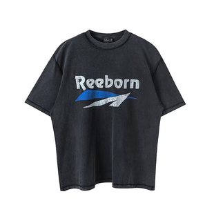 False FAece Washing Water Vintage Vintage Summer American Casual Loose Short-sleeved T-shirt for Men and Women