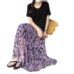 Purple French Style High Waist Floral Chiffon Pleated Skirt Spring and Summer New Beach Large Swing Skirt Long Skirt for Women