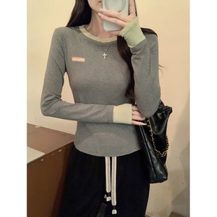 Contrast color cotton 210g long sleeve T-shirt women's early autumn thin women's slim base shirt crew neck jacket real shot