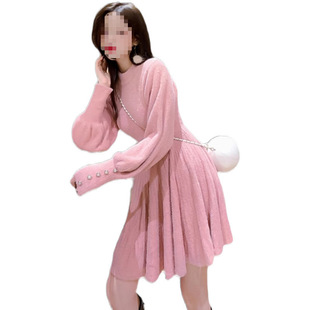 Autumn and Winter Little Sweater dress Tight Waist Slimming Mid-length Imitation Mink Fleece Skirt Sweet Inner Knitted Base