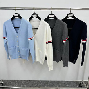 23FW 22SS autumn hot sale TB three-bar armband three-color striped knitted cardigan for men and women
