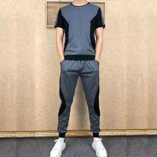 Summer New Clothes Men's Ice Silk Classic Sports suit Men's Fashion All-match Stitching Half-sleeve Pants More than suit