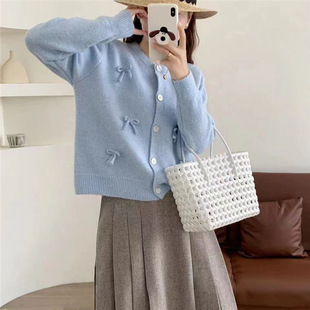 Solid color high-grade round neck handmade three-dimensional bow 2024 spring new soft glutinous comfortable knitted cardigan for women fashion