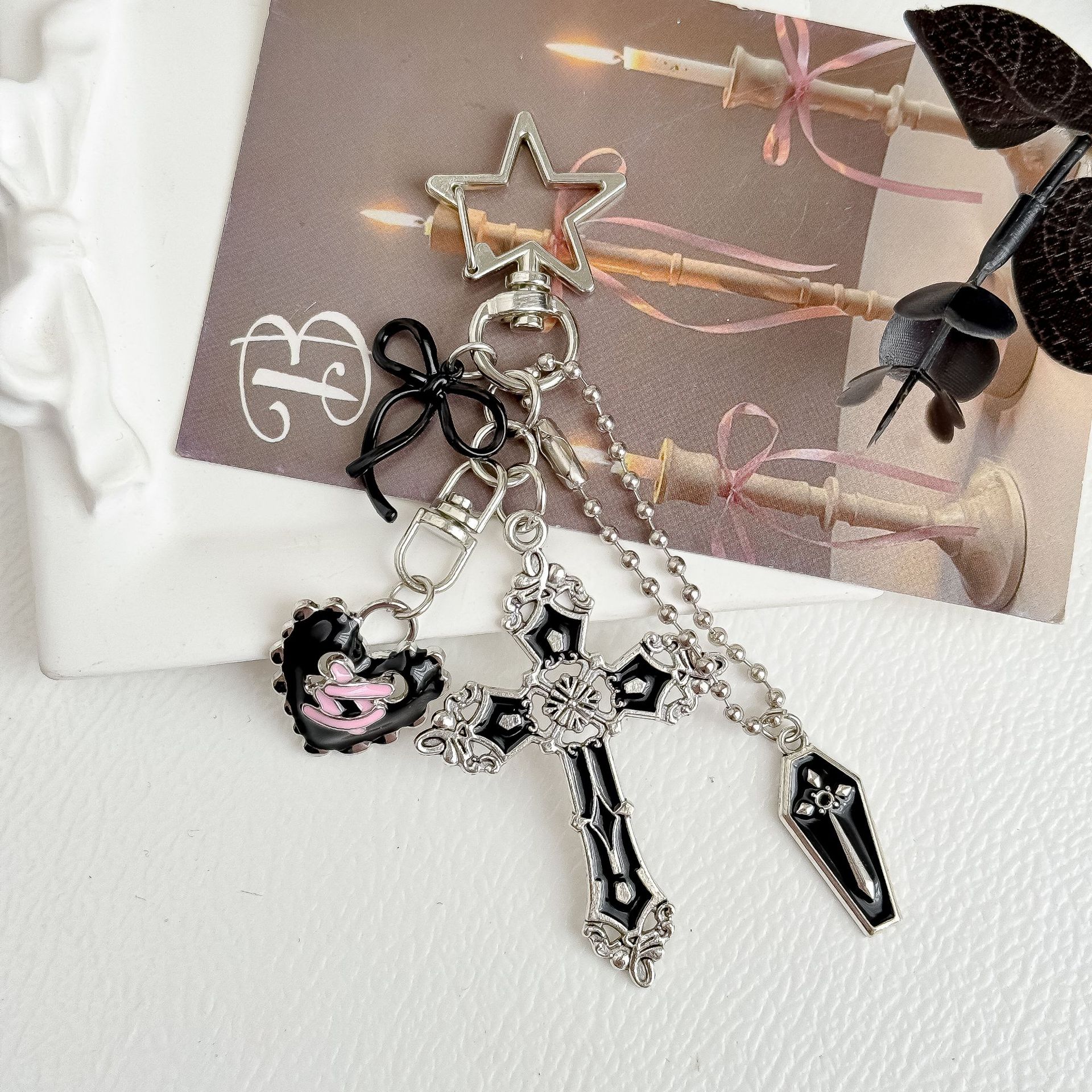 Original Gothic Cross Keychain Niche Style Dark Black Bow Heart Pendant Bag Accessory