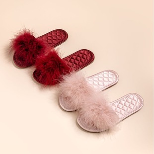 Spring and Summer New Wedding Bridesmaid Mao Mao Slippers Women's New Wedding Satin Red Slippers Wedding Bride Morning Gown Matching Shoes