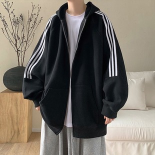 American Style Retro Striped Grey Sweater Men's Spring and Autumn High-end Fashion Brand All-match Hoodie Couple's Zipper Jacket