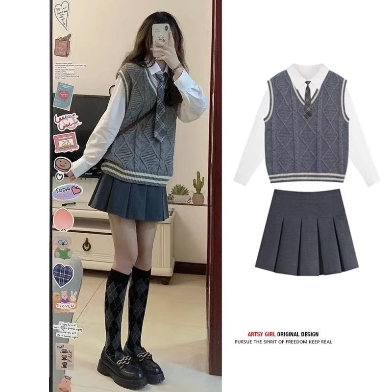 Preppy style Japanese autumn jk vest shirt suit pleated skirt knitted V-neck twist sweater long sleeve three-piece set